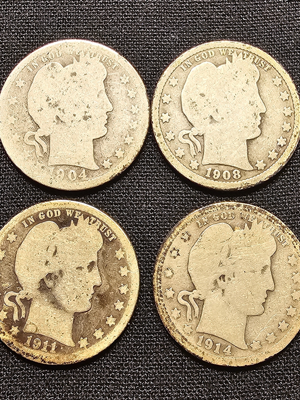 Barber Quarters 90% Silver, 1904, 1908-O, 1911, 1914 With Coin Tube.